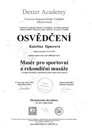 Certifikát o absolvování rekvalifikačního kurzu Masér pro sportovní a rekondiční masáže